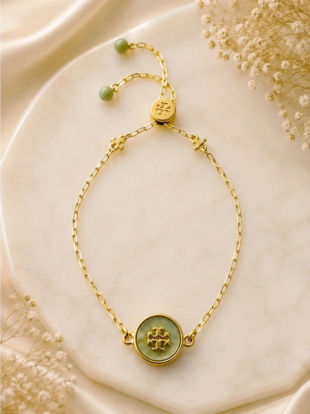 Tory Burch Gold Tone Green Stone Adjustable Chain Bracelet